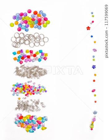 Set for design of colored beads on a white background for the signature, rings, beads, for example 117599069