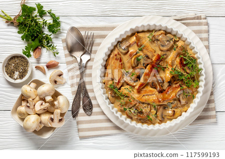 chicken stroganoff in a baking dish, top view 117599193
