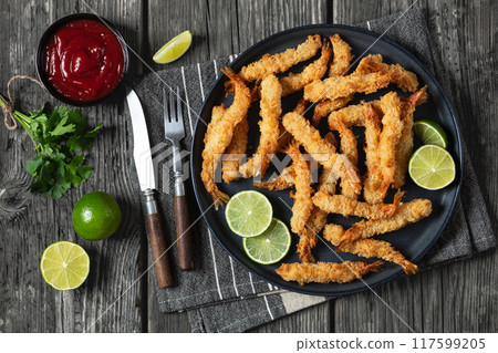 deep fried panko breaded shrimp on a plate 117599205