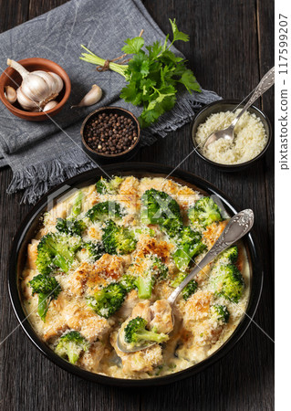 Chicken Divan with broccoli and panko, top view 117599207