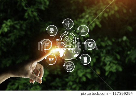 businessman pointing to carbon icon ,eco green energy system icon. Net zero 2050, ESG concept for environmental, sustainable and ethical, environmentally friendly, eco earth day ,friendly energy, businessman pointing to carbon icon ,eco green energy system icon. Net zero 2050, ESG concept for environmental, sustainable and ethical, environmentally friendly, eco earth day ,friendly energy, 117599294