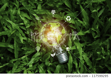 green energy concept help reduce global warming..Hand holding natural background light bulb on green grass , green energy icon around it. Carbon dioxide emission in industry net zero carbon concept.. green energy concept help reduce global warming..Hand holding natural background light bulb on green grass , green energy icon around it. Carbon dioxide emission in industry net zero carbon concept.. 117599295
