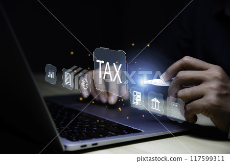 income tax concept. Businessman using laptop analyzing data to online income tax form. tax system icon around. pay online income tax. futuristic virtual screen interface technology. 117599311