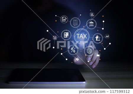 income tax concept. Businessman pointing to tax icon. income tax system icon around. pay online income tax. futuristic virtual screen interface technology. income tax concept. Businessman pointing to tax icon. income tax system icon around. pay online income tax. futuristic virtual screen interface technology. 117599312