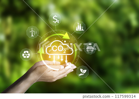 Carbon credit market concept. Green energy carbon neutral Net zero greenhouse gas emissions target at 2050. ethical, eco green energy system icon around CO2 icon on green background. Carbon credit market concept. Green energy carbon neutral Net zero greenhouse gas emissions target at 2050. ethical, eco green energy system icon around CO2 icon on green background. 117599314
