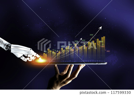 Robot trading concept. Robot hand represents use of artificial intelligence in trading stocks. Business data analyzing growth in the digital. wealth stock investing concept. AI technology essential. 117599330