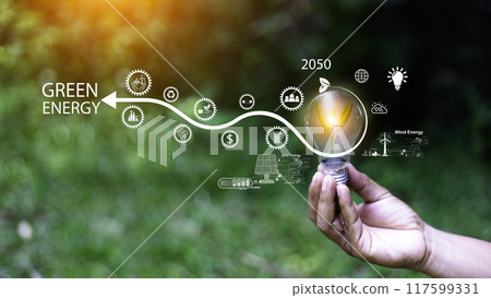 green energy system. Green tree in light bulb on grass nature background. Net zero in 2050 year. Green energy icon around it. Carbon Neutral in industry. Net zero emission concept. Idea innovative. green energy system. Green tree in light bulb on grass nature background. Net zero in 2050 year. Green energy icon around it. Carbon Neutral in industry. Net zero emission concept. Idea innovative. 117599331