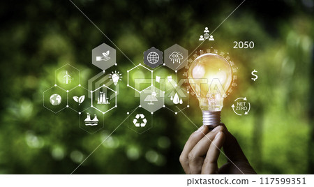 eco green energy consist ,wind, solar, water, biomass, geothermal and natural gas system.Hand holding bulb with world icon. It is surrounded by clean energy icon. Net zero 2050.innovation inspiration 117599351