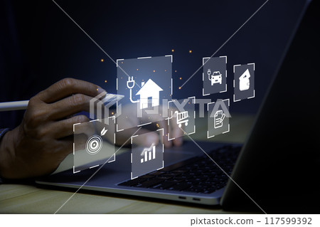 inspiration income fund concept, Idea from big data. Businessman using laptop analyzing sales data on futuristic virtual screen technology. Save stacking money for growing investment analyzing data. 117599392