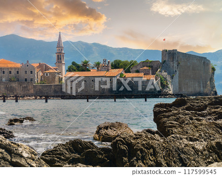 Seascape with fortress of the Old Town. Budva, Montenegro. 117599545