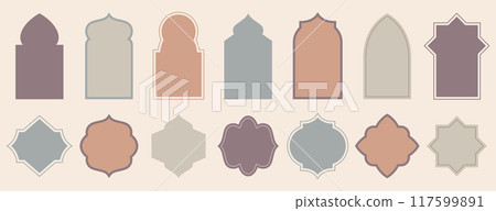 Islamic windows shape, muslim architecture doors and mosque arches in old oriental style 117599891