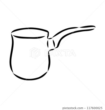 Coffee maker, Turkish coffee maker. Vector black and white graphic illustration, hand-drawn. Coffee maker, Turkish coffee maker. Vector black and white graphic illustration, hand-drawn. 117600025