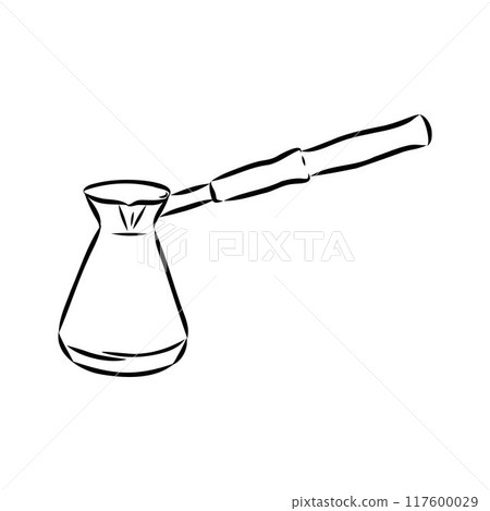 Coffee maker, Turkish coffee maker. Vector black and white graphic illustration, hand-drawn. Coffee maker, Turkish coffee maker. Vector black and white graphic illustration, hand-drawn. 117600029