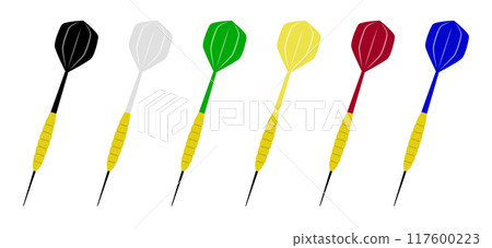 Darts for darts game. Black, white, green, yellow, red, blue flat darts Darts for darts game. Black, white, green, yellow, red, blue flat darts 117600223