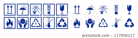 Collection of Packaging Symbols. Fragile signs set. Vector illustration isolated on transparent background. 117600227