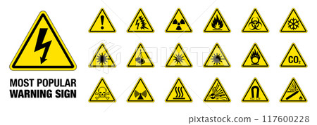 Set of 18 most popular isolated hazardous symbols on yellow round triangle board warning sign 117600228