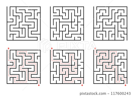 Labyrinth line pattern. Rectangle labyrinth with entry and exit. Vector labyrinth of low or medium complexity. 117600243