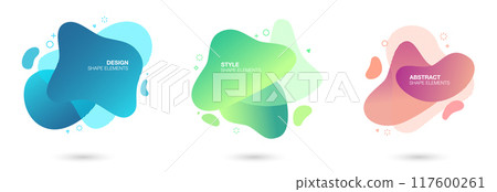 Set of abstract gradient liquid shape amoeba graphic elements. Colored fluid elements for minimal banner, logo. Set of abstract gradient liquid shape amoeba graphic elements. Colored fluid elements for minimal banner, logo. 117600261