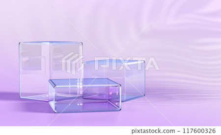 3d glass cube box podium with palm leaf shadow on purple wall background. Crystal holographic square pedestal, clear blue block platform for product display. Studio minimal showcase. 3D illustration 3d glass cube box podium with palm leaf shadow on purple wall background. Crystal holographic square pedestal, clear blue block platform for product display. Studio minimal showcase. 3D illustration 117600326
