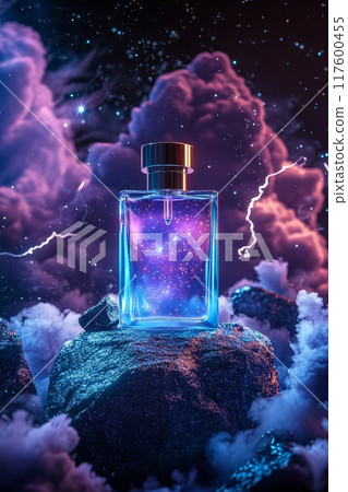 Bright blue perfume bottle standing on rock 117600455