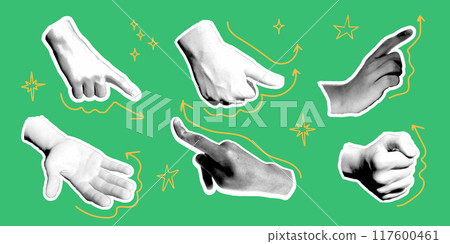Halftone collage with hands and scribbles Halftone collage with hands and scribbles 117600461