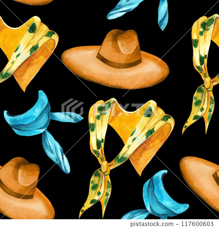 Seamless watercolor on the topic of fashion. Shawl and scarves, yellow and blue, a hat with wide fields, all objects are painted by a watercolor. Suitable for printing on fabric, paper, for design. 117600603