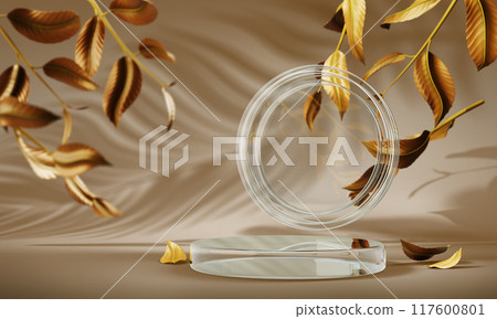 3d autumn glass podium display on light beige background. Fall sale crystal platform with circle frame, orange leaves and shadow for Thanksgiving. Luxury cosmetic product stand mockup. 3D illustration 3d autumn glass podium display on light beige background. Fall sale crystal platform with circle frame, orange leaves and shadow for Thanksgiving. Luxury cosmetic product stand mockup. 3D illustration 117600801