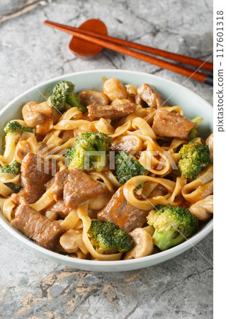 Garlic Beef and Broccoli Noodles with mushrooms for an amazing meal in one closeup on the bowl. Vertical Garlic Beef and Broccoli Noodles with mushrooms for an amazing meal in one closeup on the bowl. Vertical 117601318