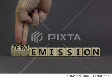 Zero emission symbol. Businessman turns wooden cubes and changes words Emission to Zero emission. Beautiful grey background. Business, ecological and zero emission concept. Copy space. 117601344