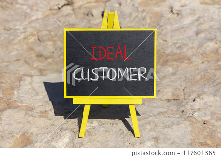 Ideal customer symbol. Concept words Ideal customer on beautiful black chalk blackboard. Chalkboard. Beautiful stone background. Business ideal customer concept. Copy space. Ideal customer symbol. Concept words Ideal customer on beautiful black chalk blackboard. Chalkboard. Beautiful stone background. Business ideal customer concept. Copy space. 117601365