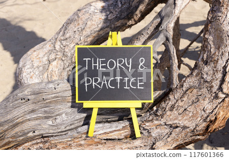 Theory and practice symbol. Concept words Theory and practice on beautiful black yellow blackboard. Beautiful tree background. Business theory and practice concept. Copy space. 117601366