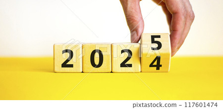 Business concept of 2025 new year symbol. Businessman turns wooden cube and changes number 2024 to 2025. Beautiful yellow table white background, copy space. Business 2025 happy new year concept. Business concept of 2025 new year symbol. Businessman turns wooden cube and changes number 2024 to 2025. Beautiful yellow table white background, copy space. Business 2025 happy new year concept. 117601474