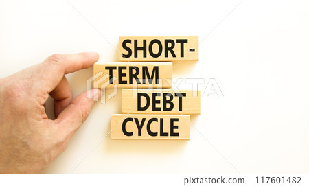 Short-term debt cycle symbol. Concept words Short-term debt cycle on beautiful wooden block. Beautiful white table background. Businessman hand. Business Short-term debt cycle concept. Copy space. 117601482