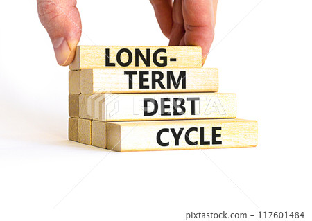 Long-term debt cycle symbol. Concept words Long-term debt cycle on beautiful wooden block. Beautiful white table white background. Businessman hand. Business Long-term debt cycle concept. Copy space. 117601484