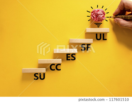 Successful symbol. Concept word Successful on beautiful wooden blocks. Beautiful yellow background. Businessman hand. Beautiful light bulb icon. Business successful concept. Copy space. Successful symbol. Concept word Successful on beautiful wooden blocks. Beautiful yellow background. Businessman hand. Beautiful light bulb icon. Business successful concept. Copy space. 117601510