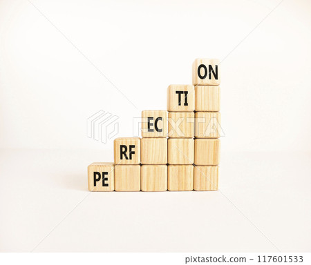 Perfection symbol. Concept word Perfection on beautiful wooden blocks. Beautiful white background. Business perfection concept. Copy space. 117601533