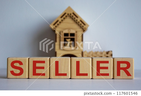 Cubes form the word 'seller' in front of a miniature house. Beautiful white background. Cubes form the word 'seller' in front of a miniature house. Beautiful white background. 117601546