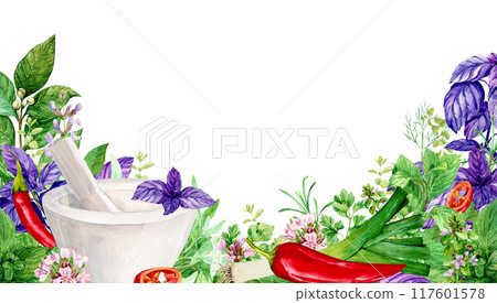 Banner with herbs, white mortar and place for text. Watercolor illustration of kitchen herbs. Bay leaf, rosemary, tarragon, savory, basil, chili pepper, leek, rosemary. Indian spices in rustic style. 117601578