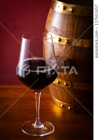 Red wine and aging barrels Red wine and aging barrels 117601657