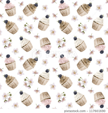 Cupcakes with blackberry and flowers. Watercolor seamless pattern on white background with muffins and bramble for confectionery design, table textile, delicious prints, summer fabrics, wrapping paper Cupcakes with blackberry and flowers. Watercolor seamless pattern on white background with muffins and bramble for confectionery design, table textile, delicious prints, summer fabrics, wrapping paper 117601690