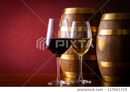 Wine and aging barrels 117601729