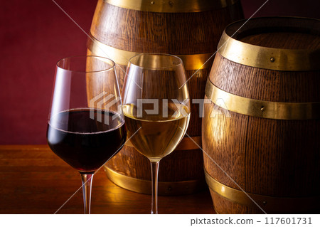 Wine and aging barrels 117601731