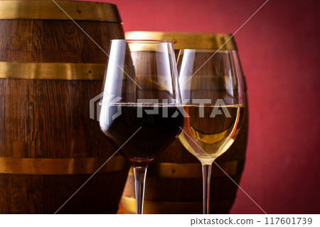 葡萄酒和陳釀桶 葡萄酒和陳釀桶 117601739