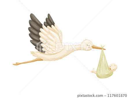 Watercolor stork with baby. Flying bird as symbol for baby shower, pregnancy. Cute hand drawn isolated illustration 117601870