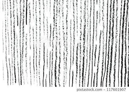 Vertical black lines of varying thickness and rough texture on a white background, forming an abstract and dynamic pattern with a hand-drawn appearance 117601907