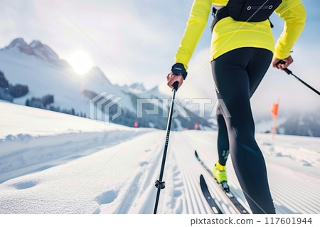 Close-up of cross-country skier in motion, focusing on lower body. Skier dressed in bright yellow and black clothes. Snow-capped mountains background 117601944