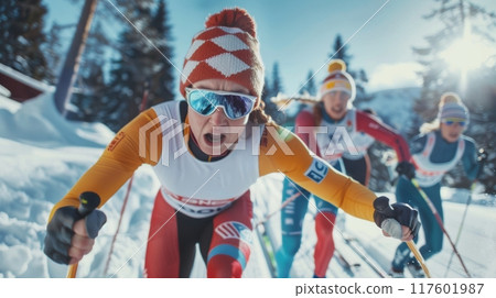 Lively ski race, skiers racing down snowy slope against a wintery forest setting. 117601987