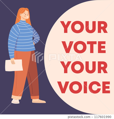 Illustration of young woman with red hair voting in a national election. The design highlights diversity and the role of each individual's vote in shaping democracy Illustration of young woman with red hair voting in a national election. The design highlights diversity and the role of each individual's vote in shaping democracy 117601990