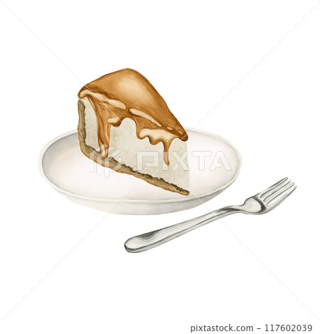 Classic New York Cheesecake slice with caramel on white plate with fork. Watercolor food illustration hand painted isolated on white background for cooking book, cafe menu, confectionery design Classic New York Cheesecake slice with caramel on white plate with fork. Watercolor food illustration hand painted isolated on white background for cooking book, cafe menu, confectionery design 117602039