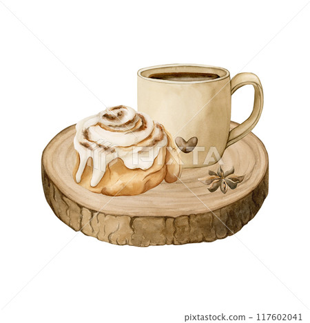 Cinnamon roll with coffee cup and anise star on wooden log. Watercolor food illustration hand painted isolated on white background for fall design, cafe menu, cooking book, table textile 117602041